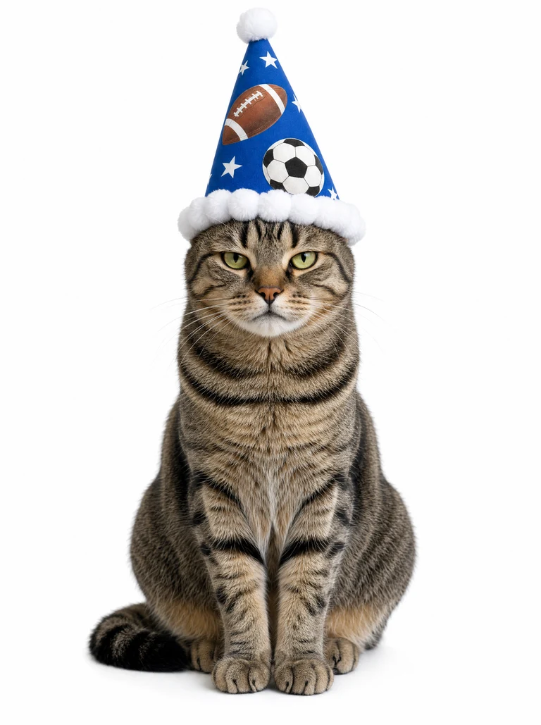 A deadpan tabby cat wearing a blue party wizard hat